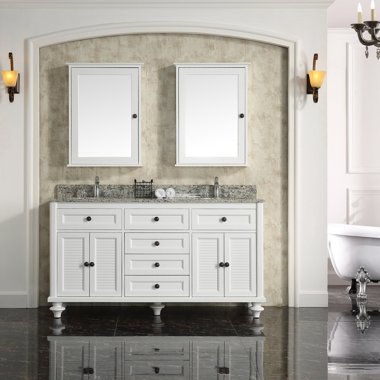 60" Width Double Bathroom Vanity in White with Granite Countertop and Mirror Cabinets