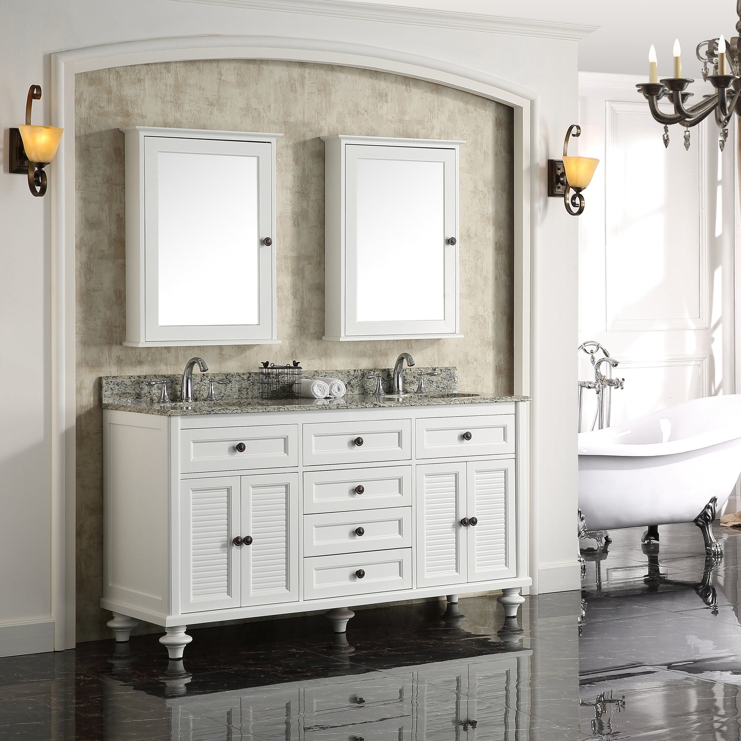 60" Width Double Bathroom Vanity in White with Granite Countertop and Mirror Cabinets