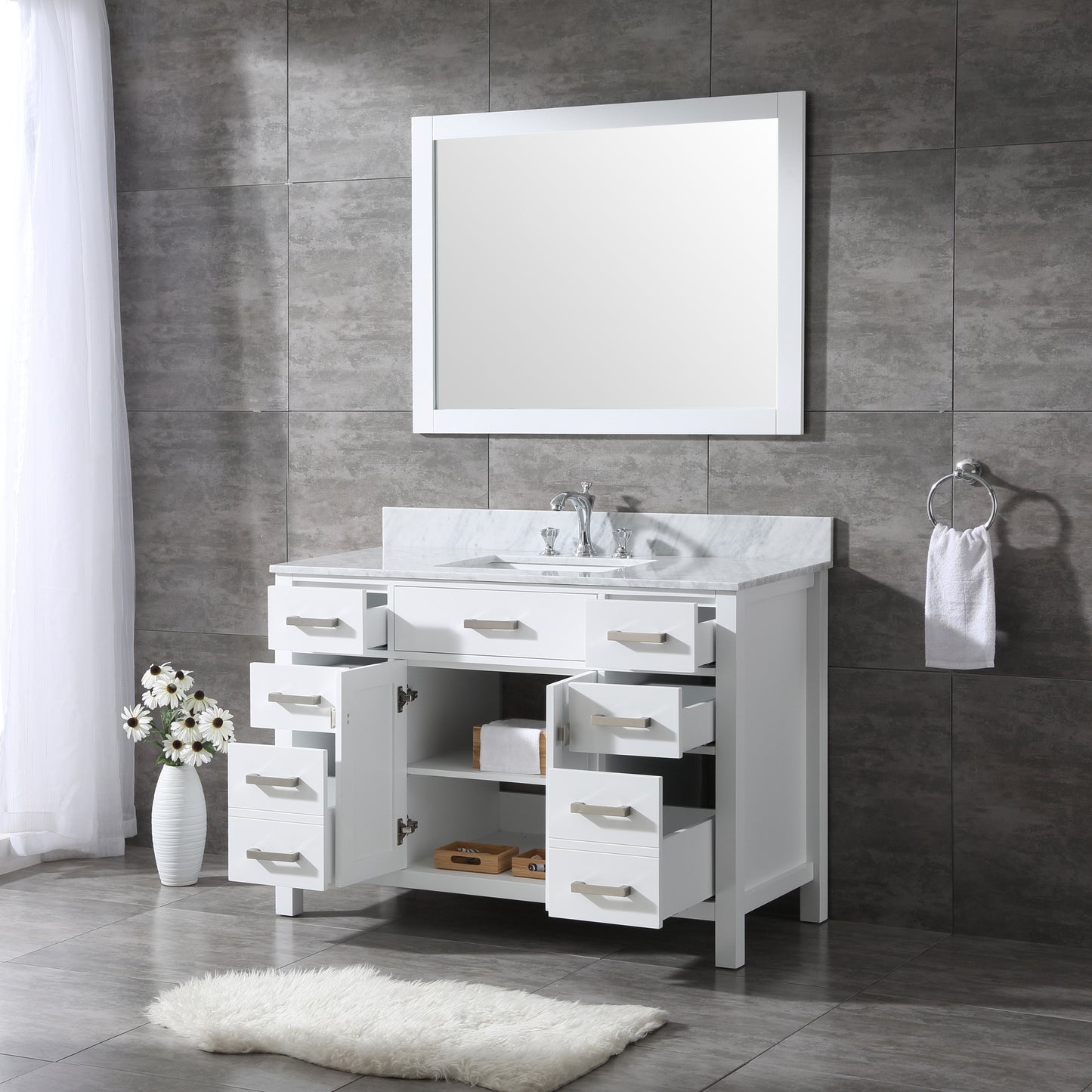 48" Bathroom Vanity in White with Marble countertop with Basin and Mirror