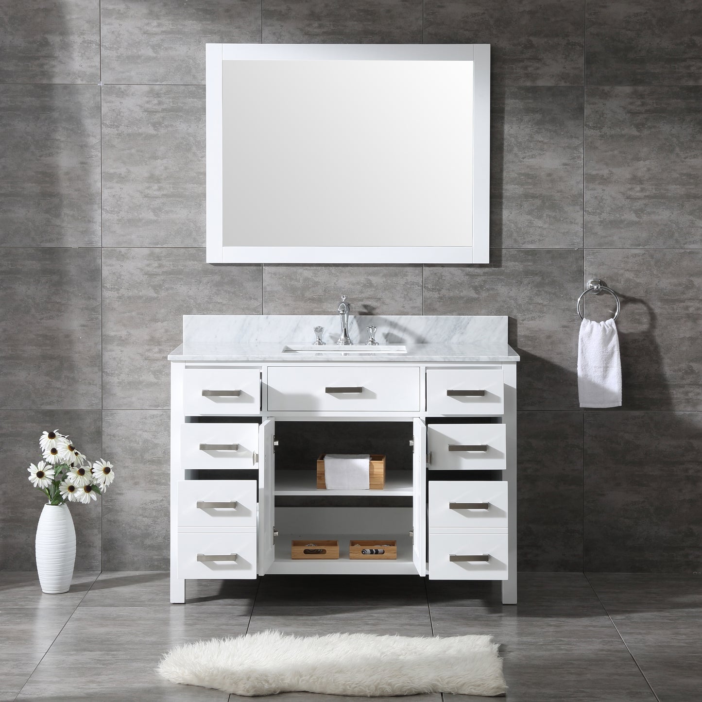 48" Bathroom Vanity in White with Marble countertop with Basin and Mirror