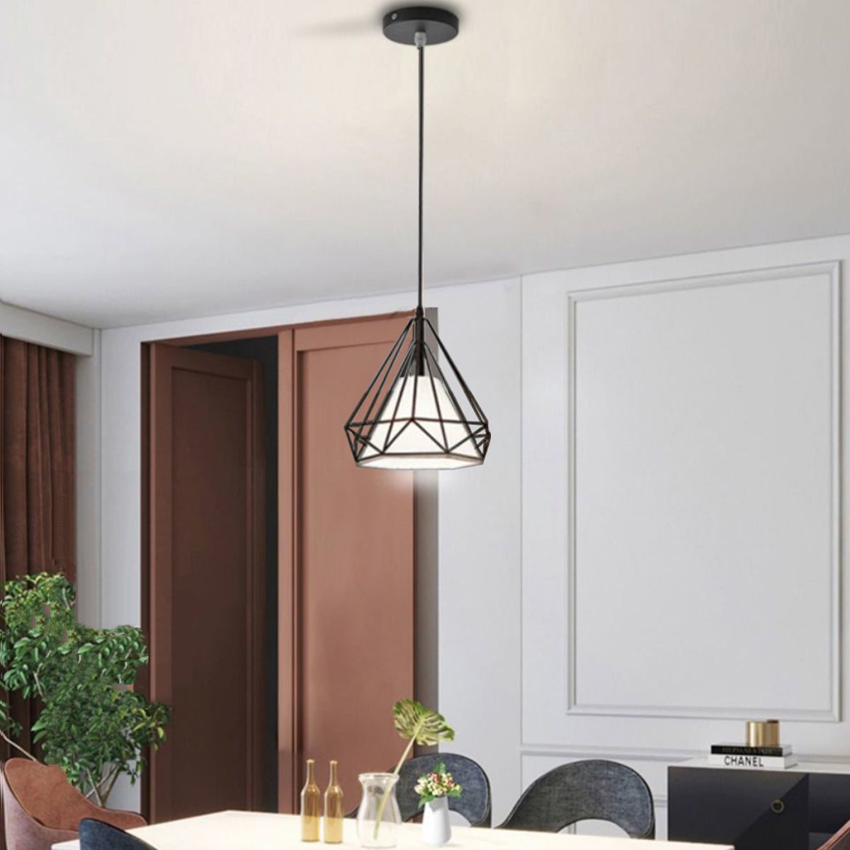 Single Light Caged Geometric Pendant-5207BLK-1L-W