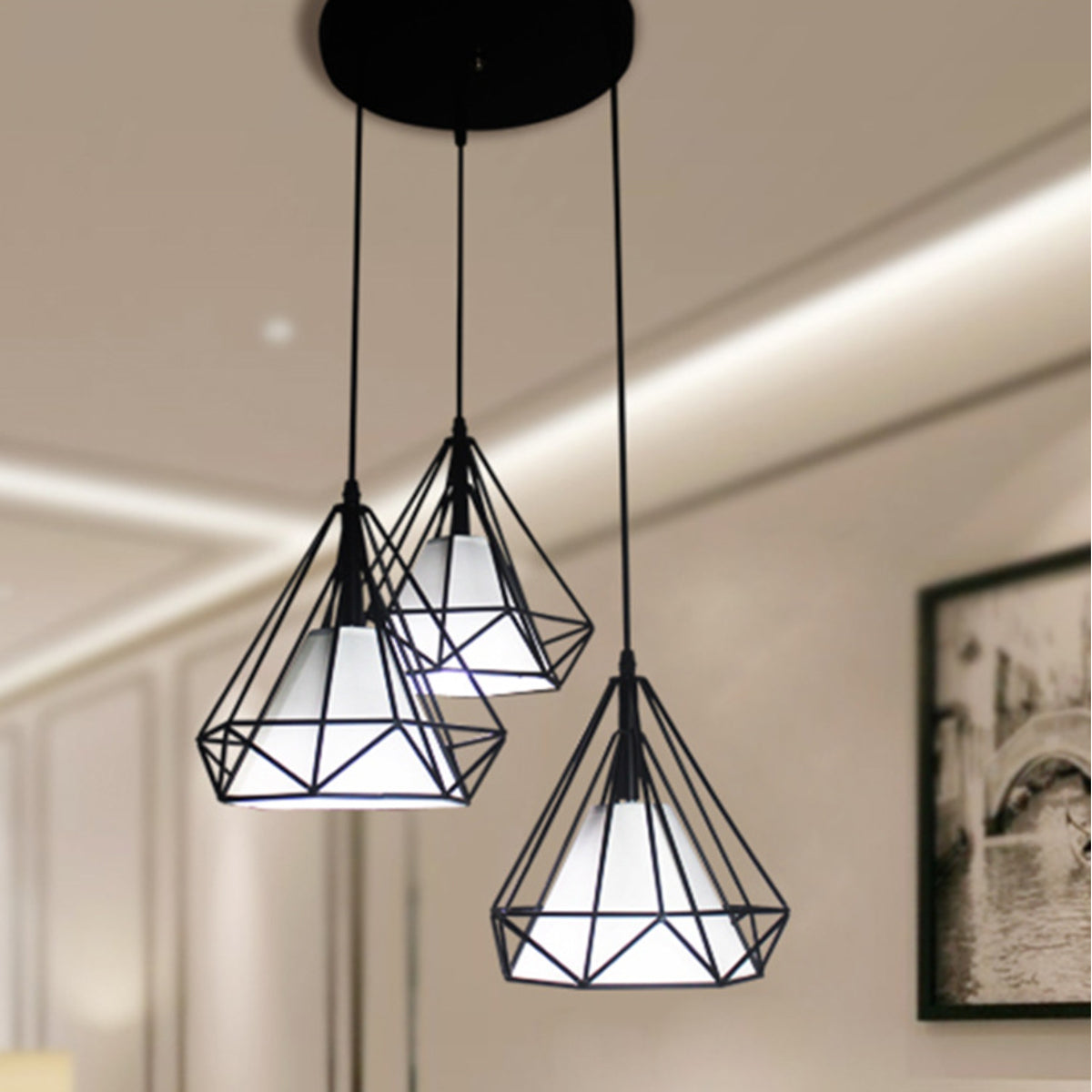 3 Light Caged Geometric Pendant-5207BLK-3L-W