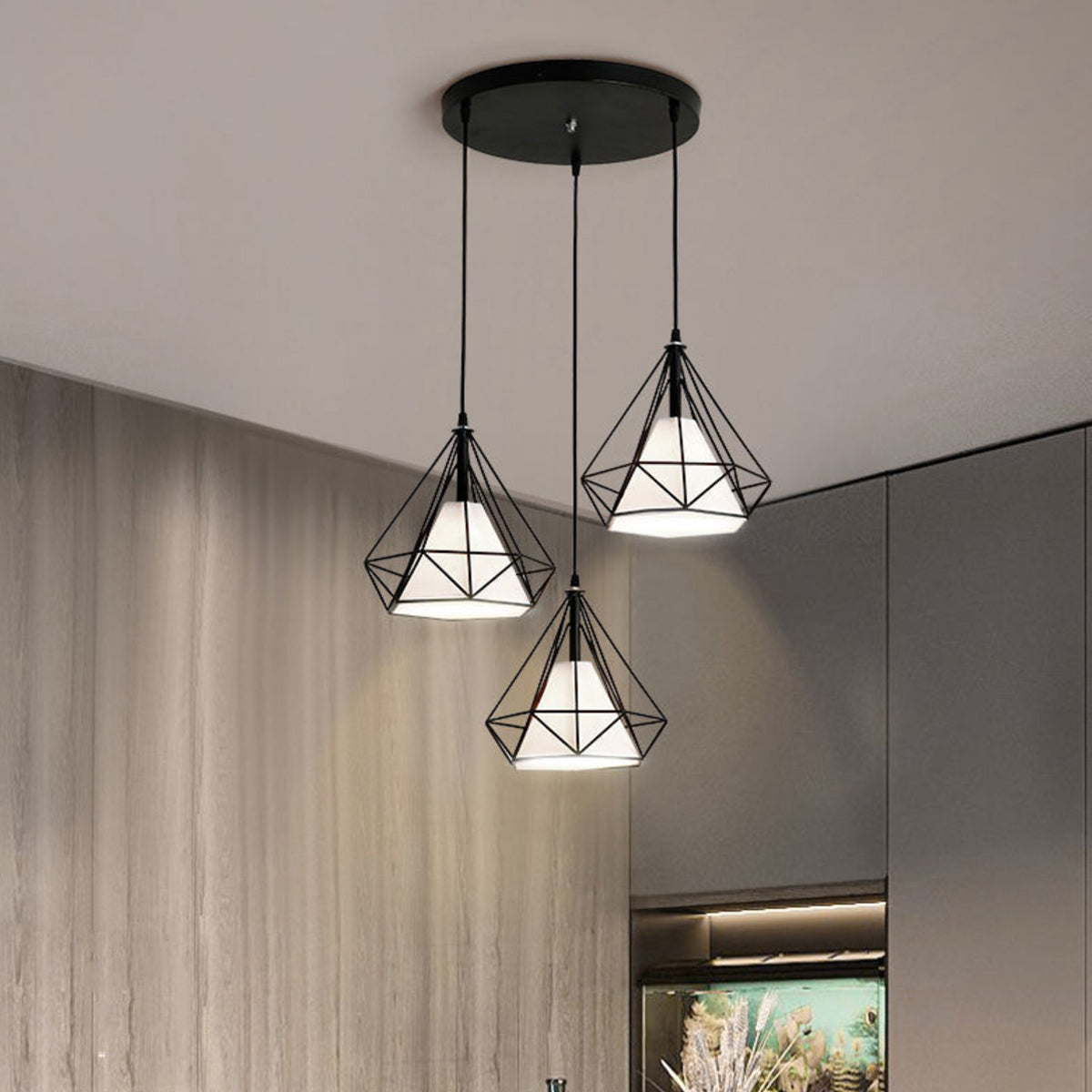 3 Light Caged Geometric Pendant-5207BLK-3L-W