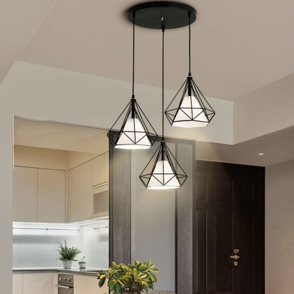 3 Light Caged Geometric Pendant-5207BLK-3L-W