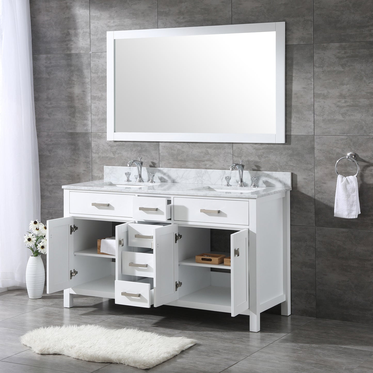 60" White Vanity w/ Marble Countertop, Backsplash & Mirror