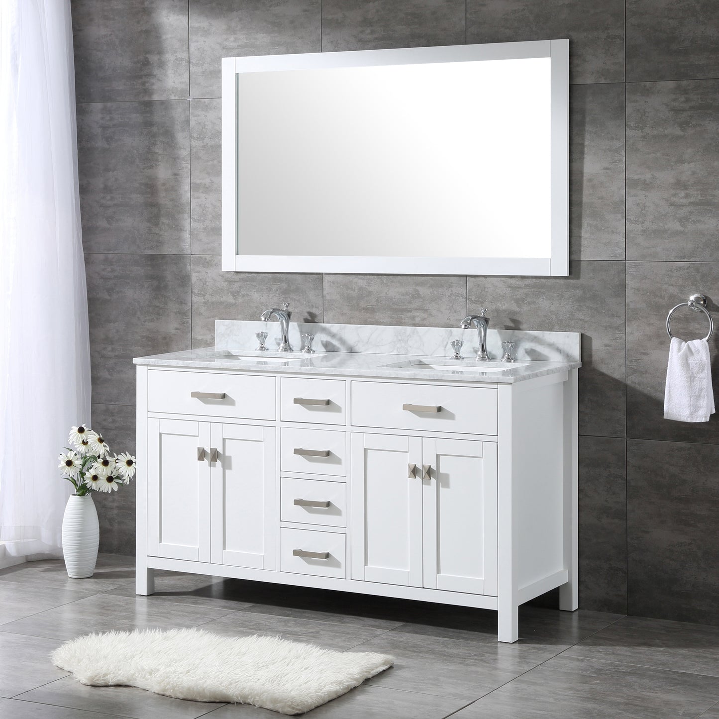 60" White Vanity w/ Marble Countertop, Backsplash & Mirror