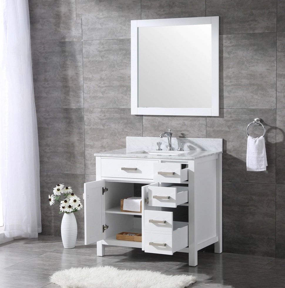 36" width Bathroom Vanity in White with Marble countertop with Basin and Mirror