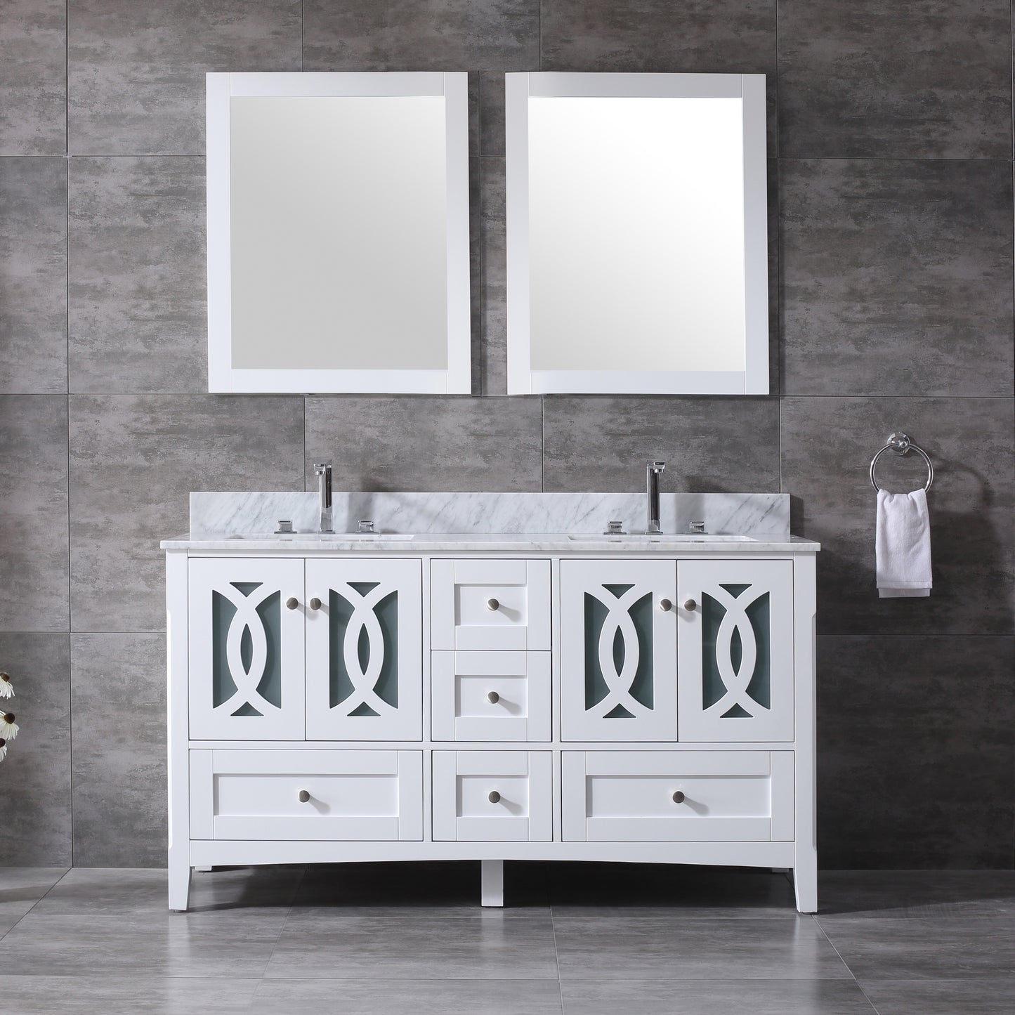 60" width Bathroom Vanity in White with Marble Countertop,Backsplash and Mirror