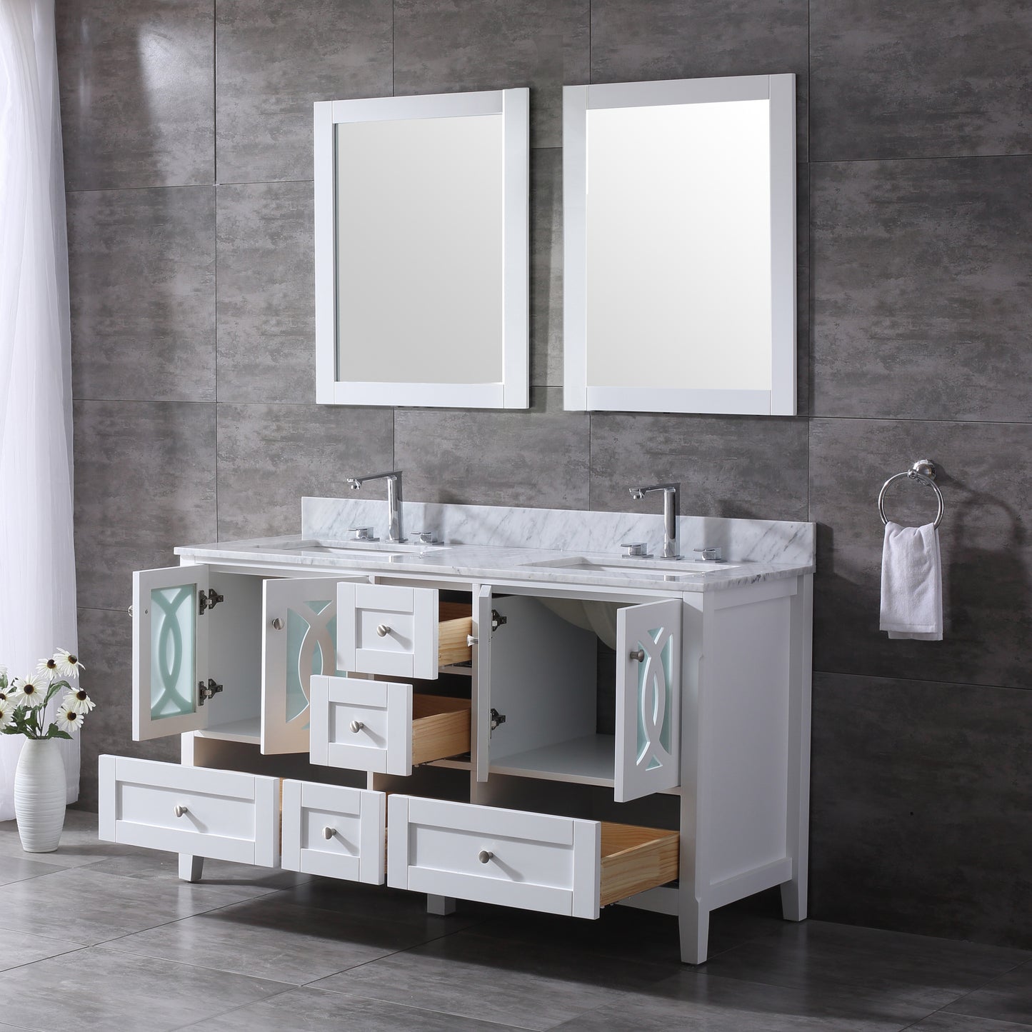 60" width Bathroom Vanity in White with Marble Countertop,Backsplash and Mirror