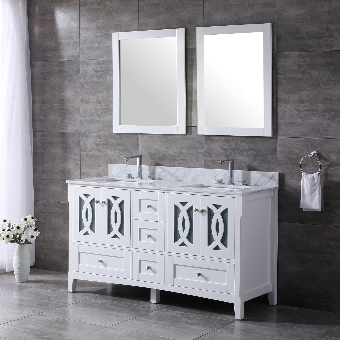 60" width Bathroom Vanity in White with Marble Countertop,Backsplash and Mirror