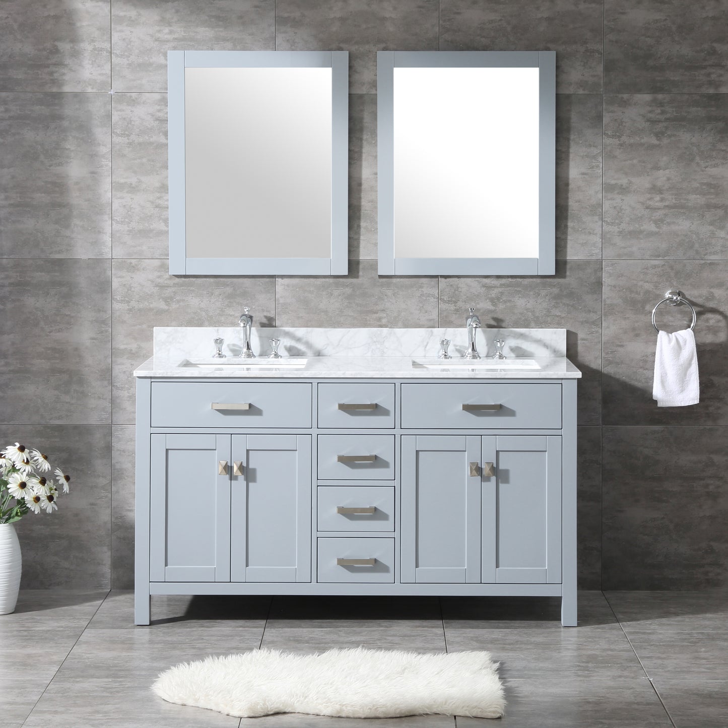 60" Vanity in Grey with Marble Vanity Top with White Basin and Mirror