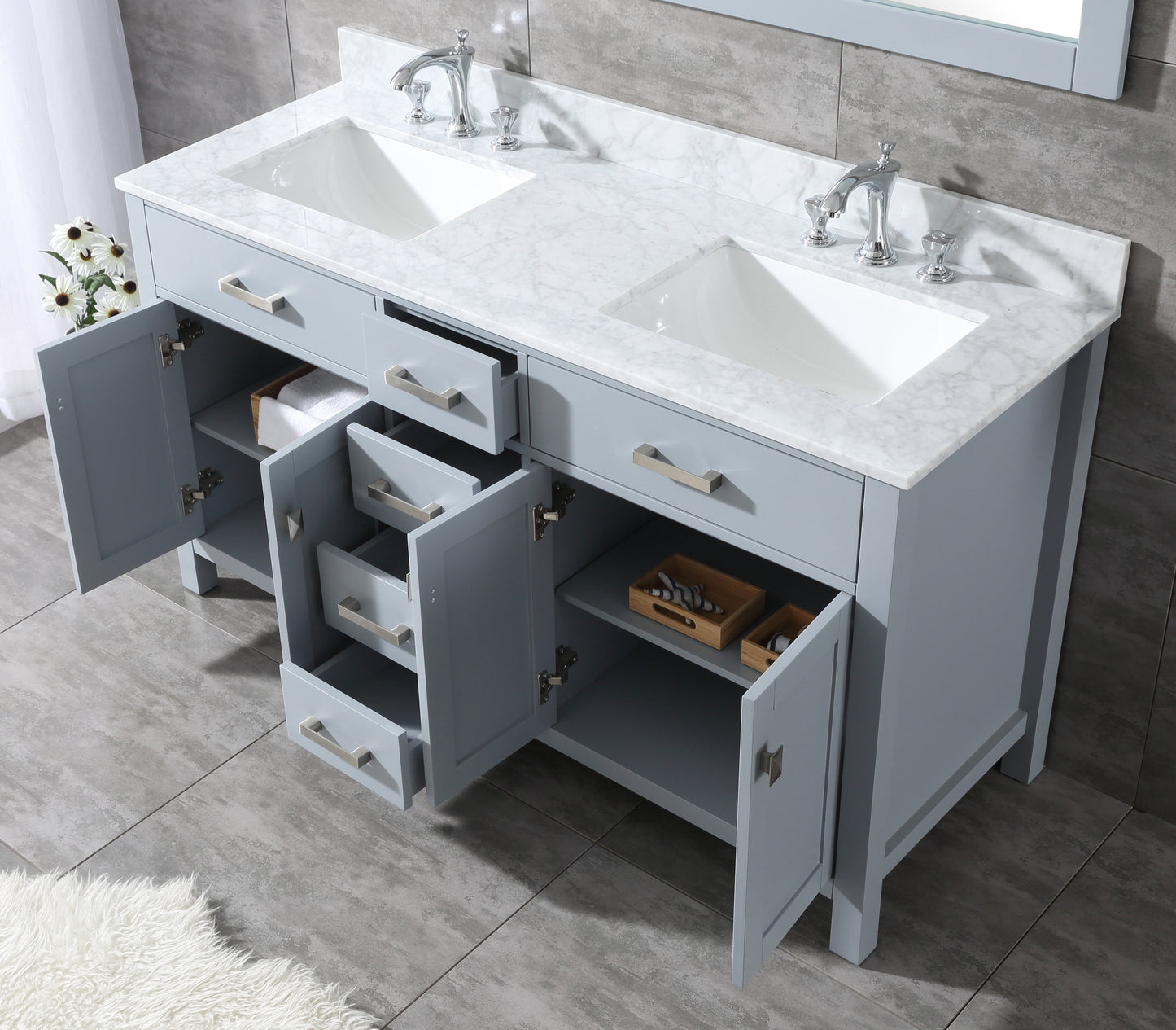 60" Vanity in Grey with Marble Vanity Top with White Basin and Mirror