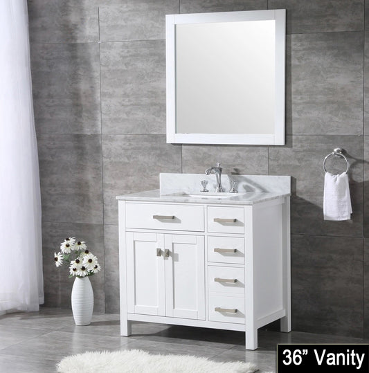 36" width Bathroom Vanity in White with Marble countertop with Basin and Mirror