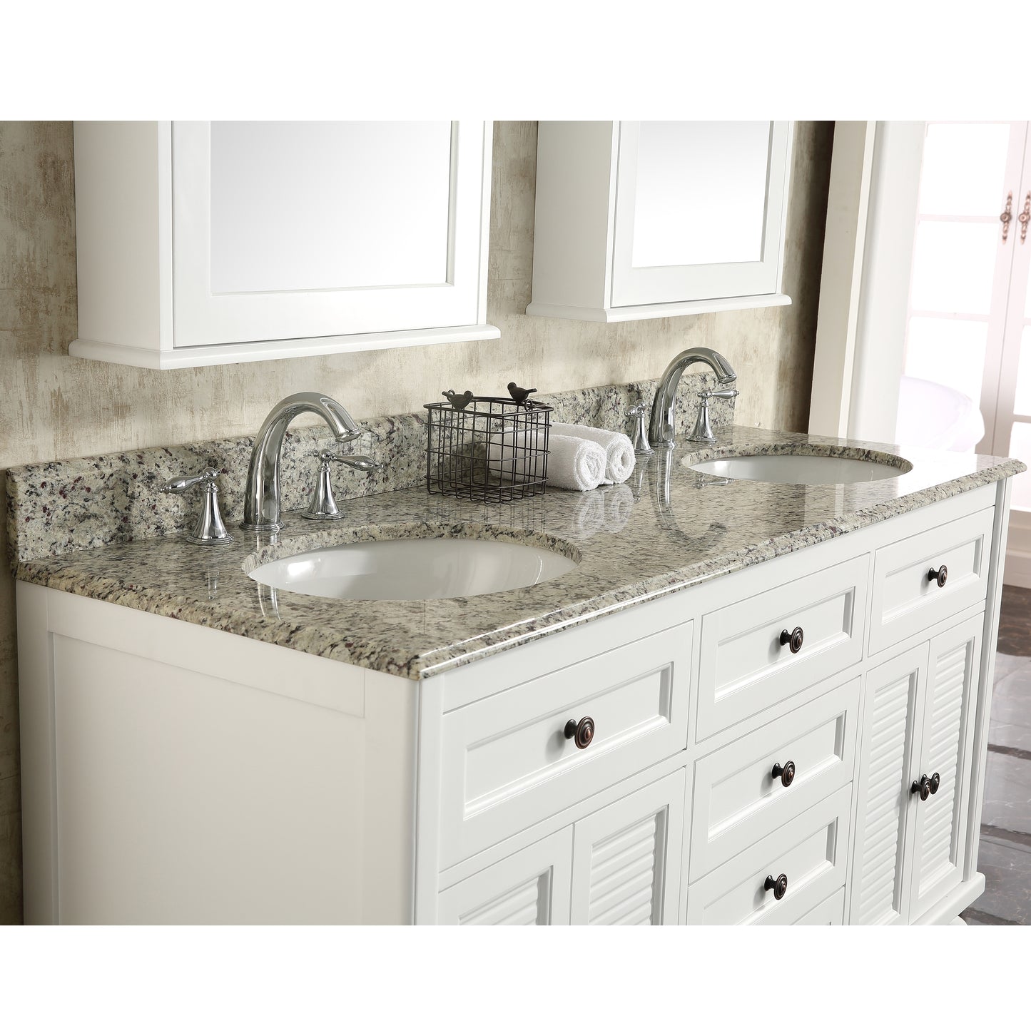 60" Width Double Bathroom Vanity in White with Granite Countertop and Mirror Cabinets
