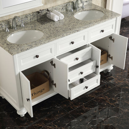 60" Width Double Bathroom Vanity in White with Granite Countertop and Mirror Cabinets