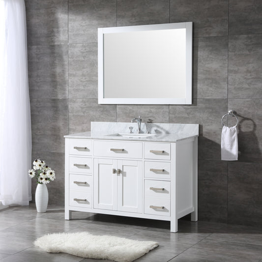 48" Bathroom Vanity in White with Marble countertop with Basin and Mirror