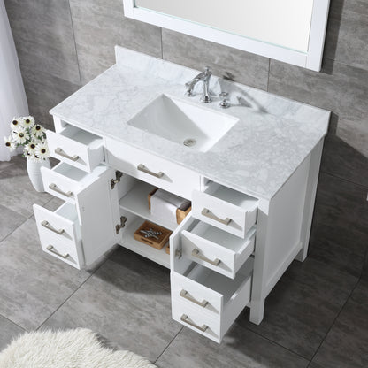 48" Bathroom Vanity in White with Marble countertop with Basin and Mirror
