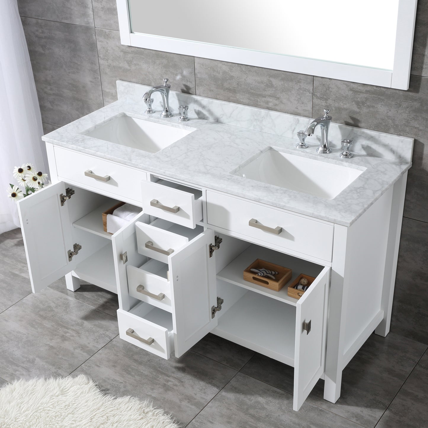 60" White Vanity w/ Marble Countertop, Backsplash & Mirror
