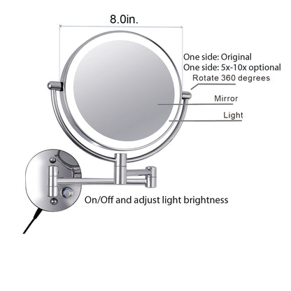 Plug-in Double Sided Magnification Round LED Metal Wall Mirror 6208-LED