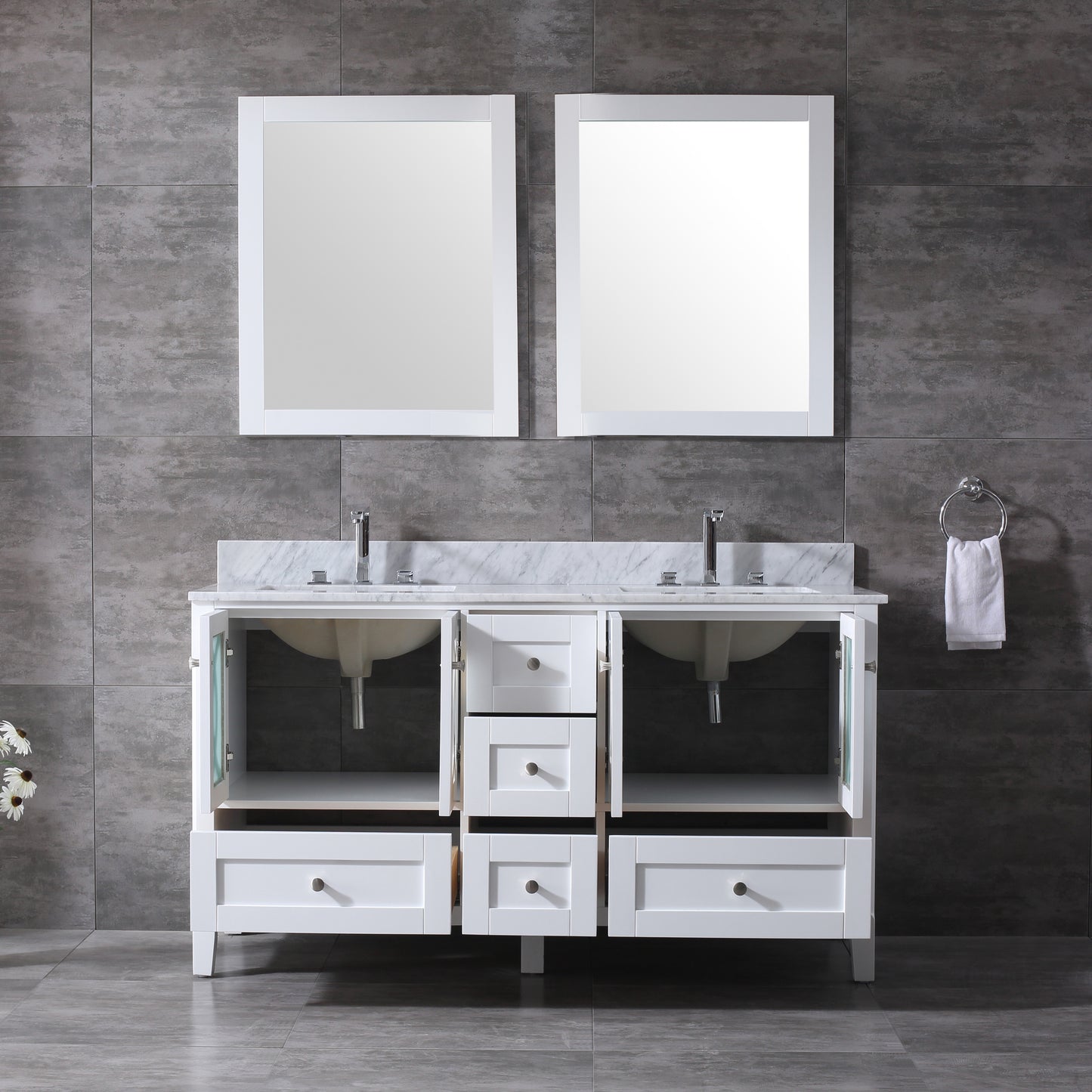 60" width Bathroom Vanity in White with Marble Countertop,Backsplash and Mirror