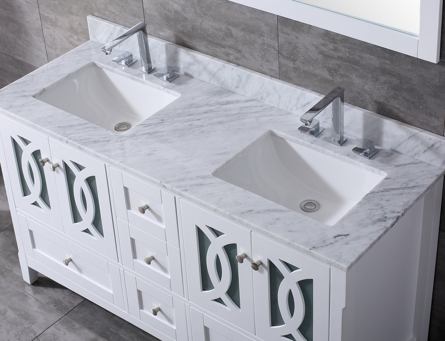 60" width Bathroom Vanity in White with Marble Countertop,Backsplash and Mirror