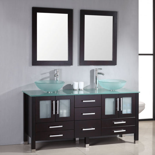 60" Espresso Bathroom Vanity w/ Glass Top and Mirrors