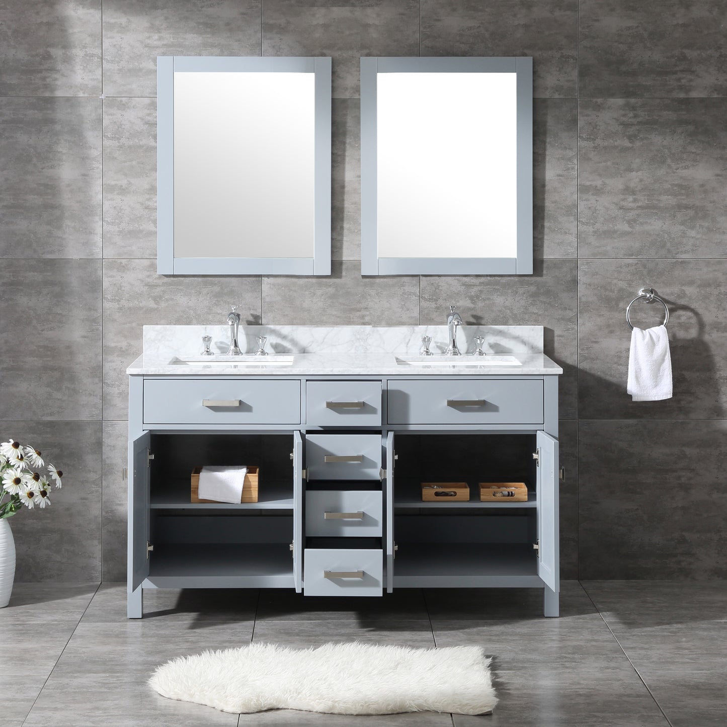 60" Vanity in Grey with Marble Vanity Top with White Basin and Mirror