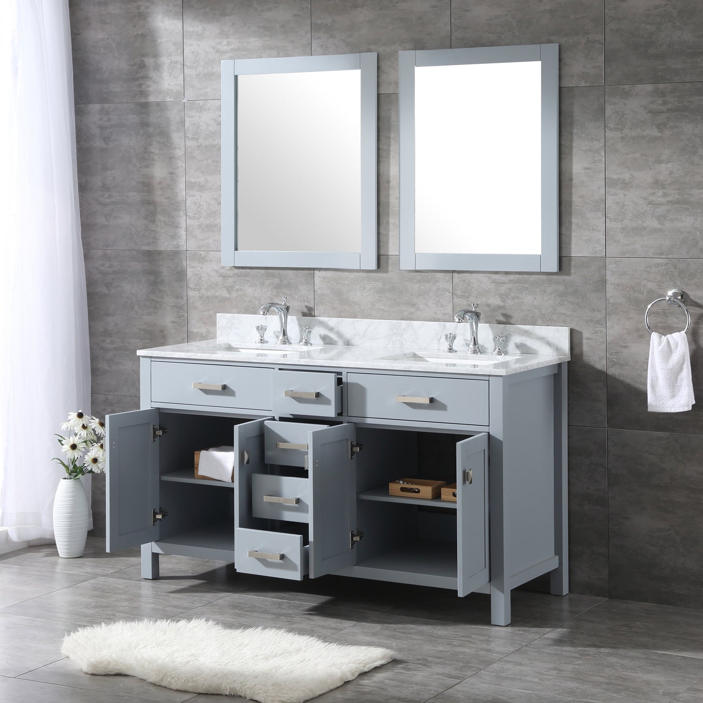 60" Vanity in Grey with Marble Vanity Top with White Basin and Mirror