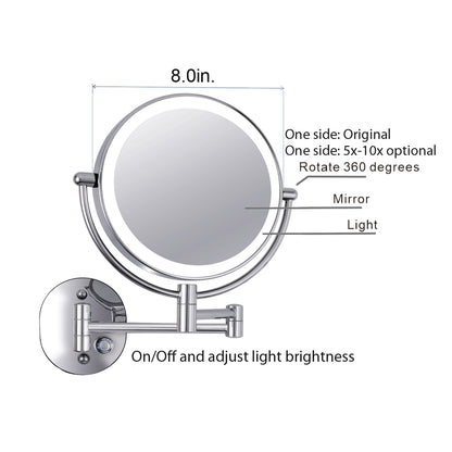 Hardwired Double Sided Magnification Round LED Metal Wall Mirror in Chrome-HW6208C-LED