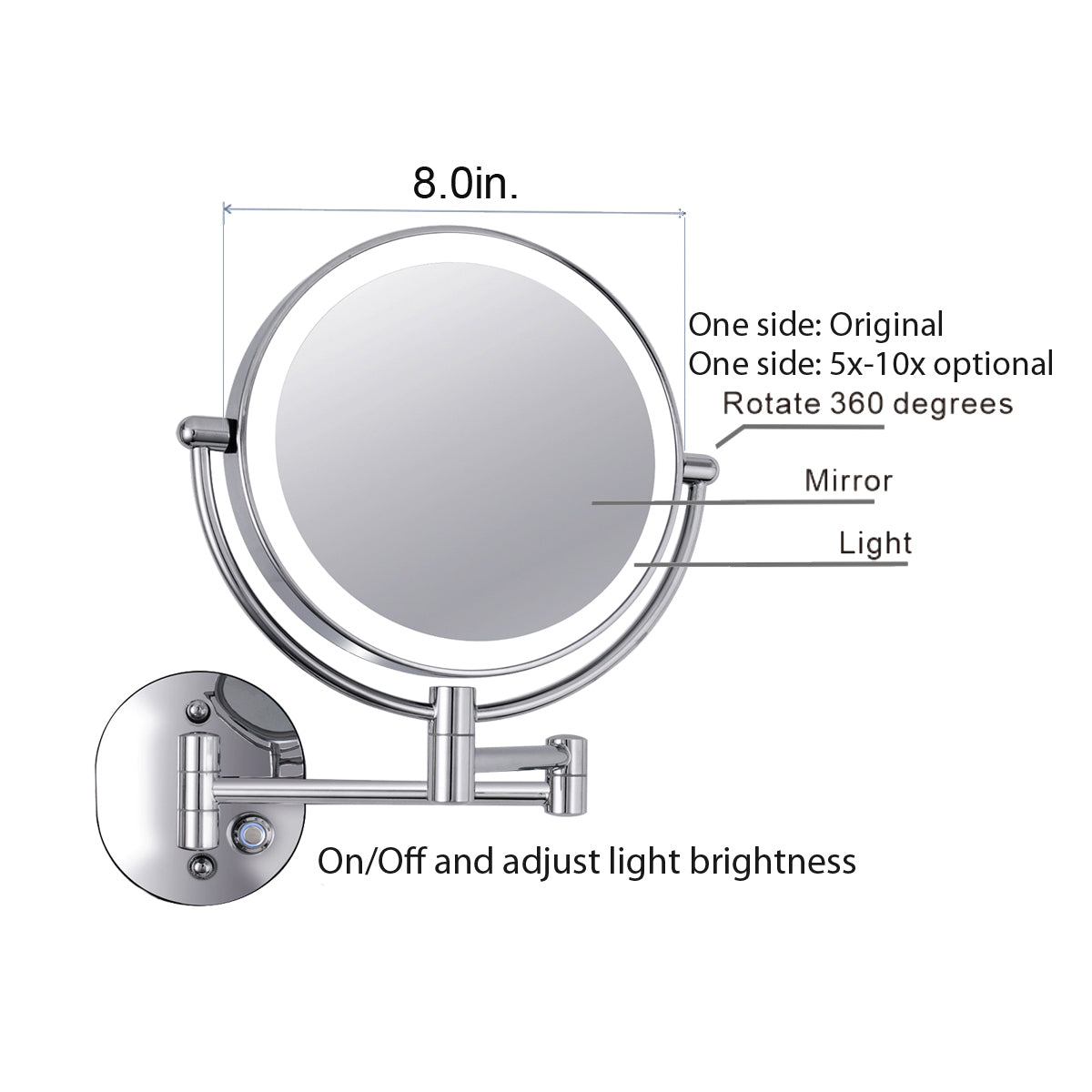 Hardwired Double Sided Magnification Round LED Metal Wall Mirror in Brushed Nickel-HW6208BN-LED