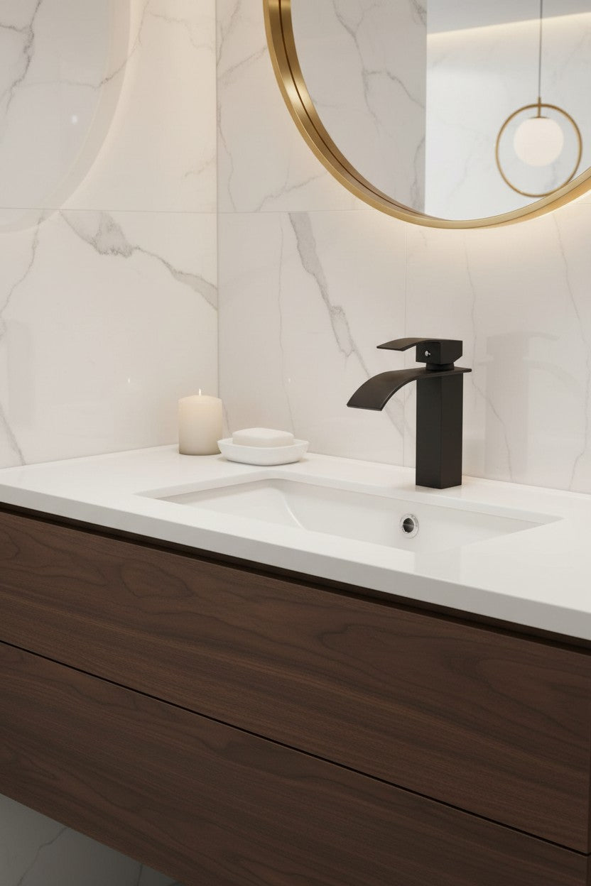 Matte Black Bathroom Faucet – Single Hole Waterfall Single Handle Vanity Sink Faucet