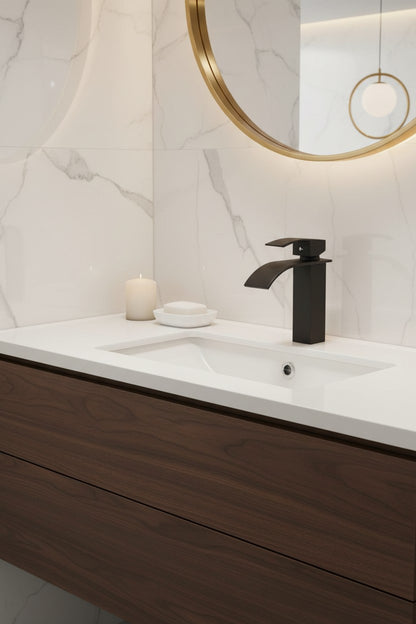 Matte Black Bathroom Faucet – Single Hole Waterfall Single Handle Vanity Sink Faucet