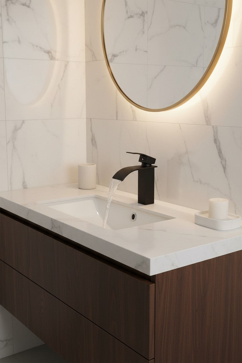 Matte Black Bathroom Faucet – Single Hole Waterfall Single Handle Vanity Sink Faucet
