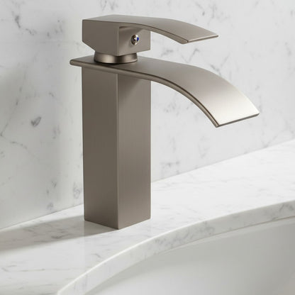 Brushed Nickel Bathroom Faucet – Single Hole Waterfall Single Handle Vanity Sink Faucet