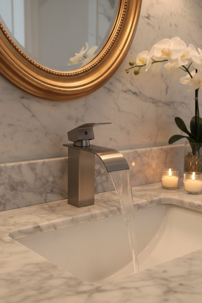 Brushed Nickel Bathroom Faucet – Single Hole Waterfall Single Handle Vanity Sink Faucet