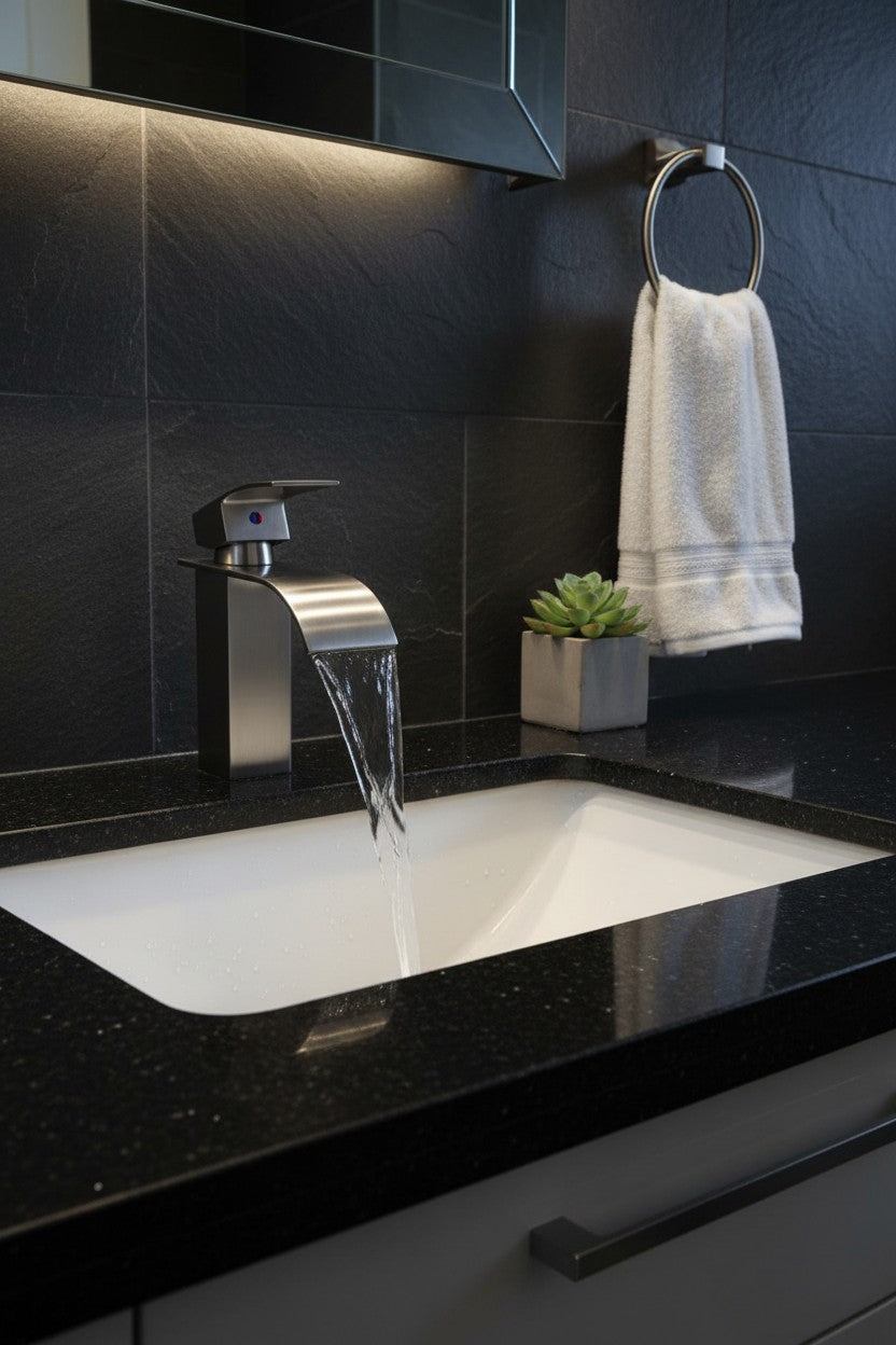 Brushed Nickel Bathroom Faucet – Single Hole Waterfall Single Handle Vanity Sink Faucet