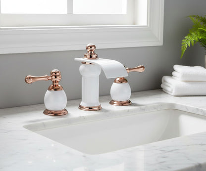 Modern Luxury Vanity Faucet (8" Centers)-Angelo White & Rose Gold 3-Hole Widespread Bathroom Faucet