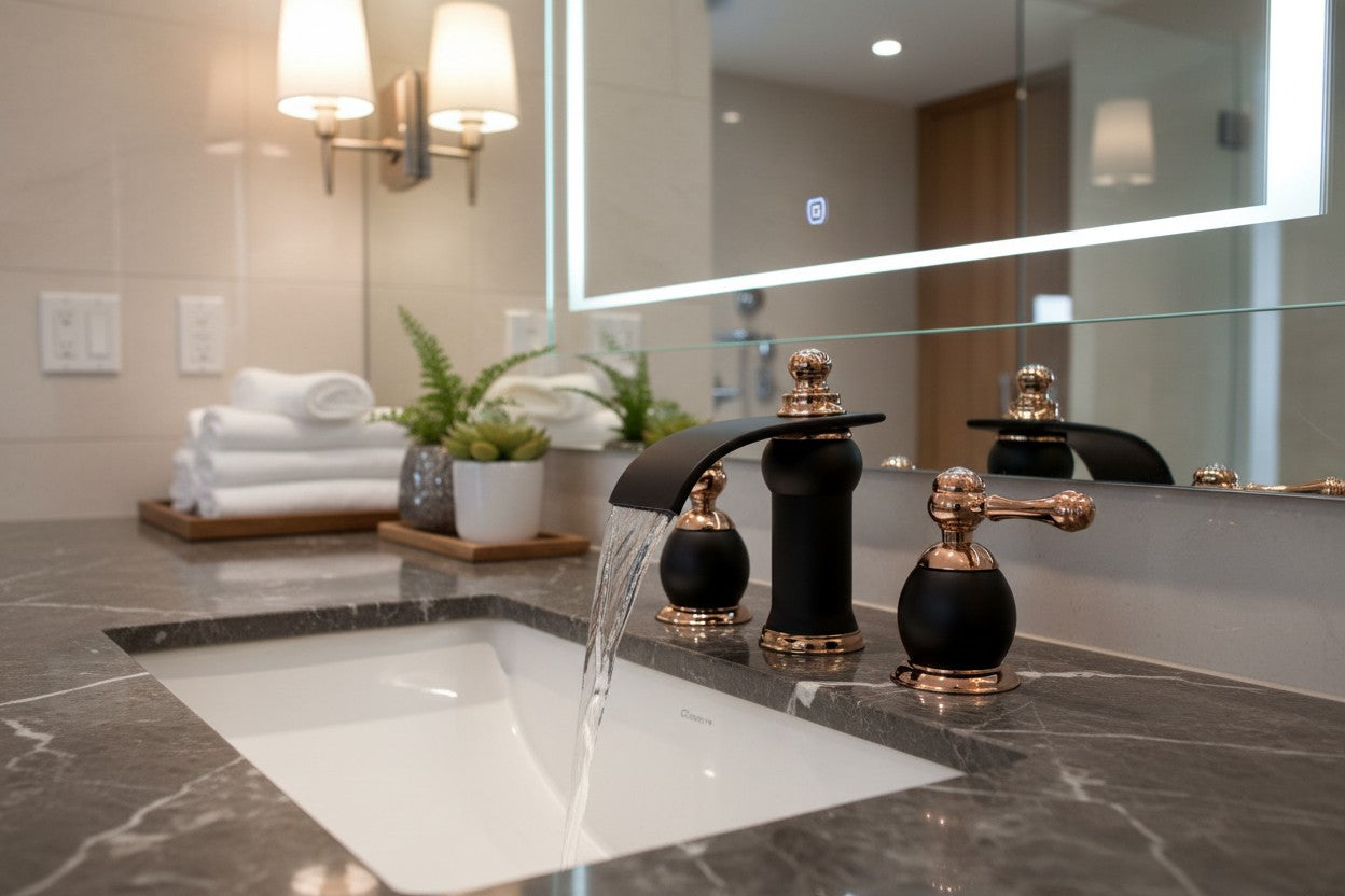 Dark Bronze & Rose Gold 3-Hole Widespread Bathroom Faucet – Luxury Modern Transitional Vanity Faucet