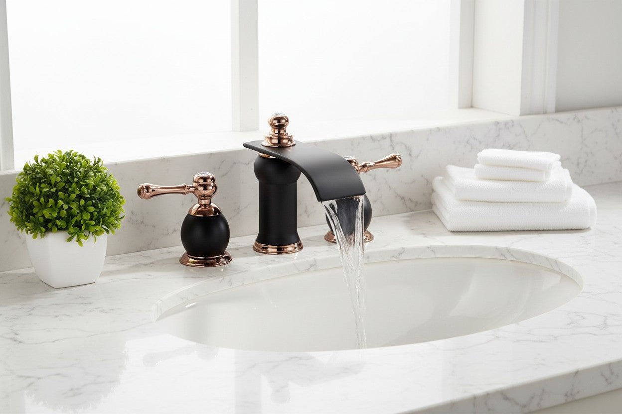 Dark Bronze & Rose Gold 3-Hole Widespread Bathroom Faucet – Luxury Modern Transitional Vanity Faucet