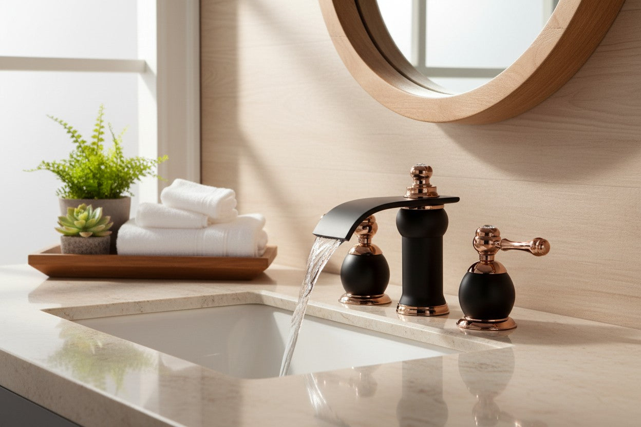 Dark Bronze & Rose Gold 3-Hole Widespread Bathroom Faucet – Luxury Modern Transitional Vanity Faucet