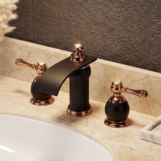 Black & Rose Gold 3-Hole Widespread Bathroom Faucet – Luxury Modern Transitional Vanity Faucet