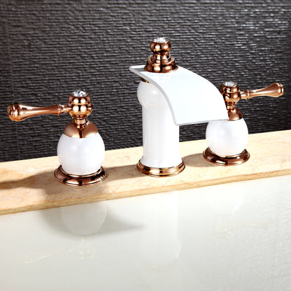 Modern Luxury Vanity Faucet (8" Centers)-Angelo White & Rose Gold 3-Hole Widespread Bathroom Faucet