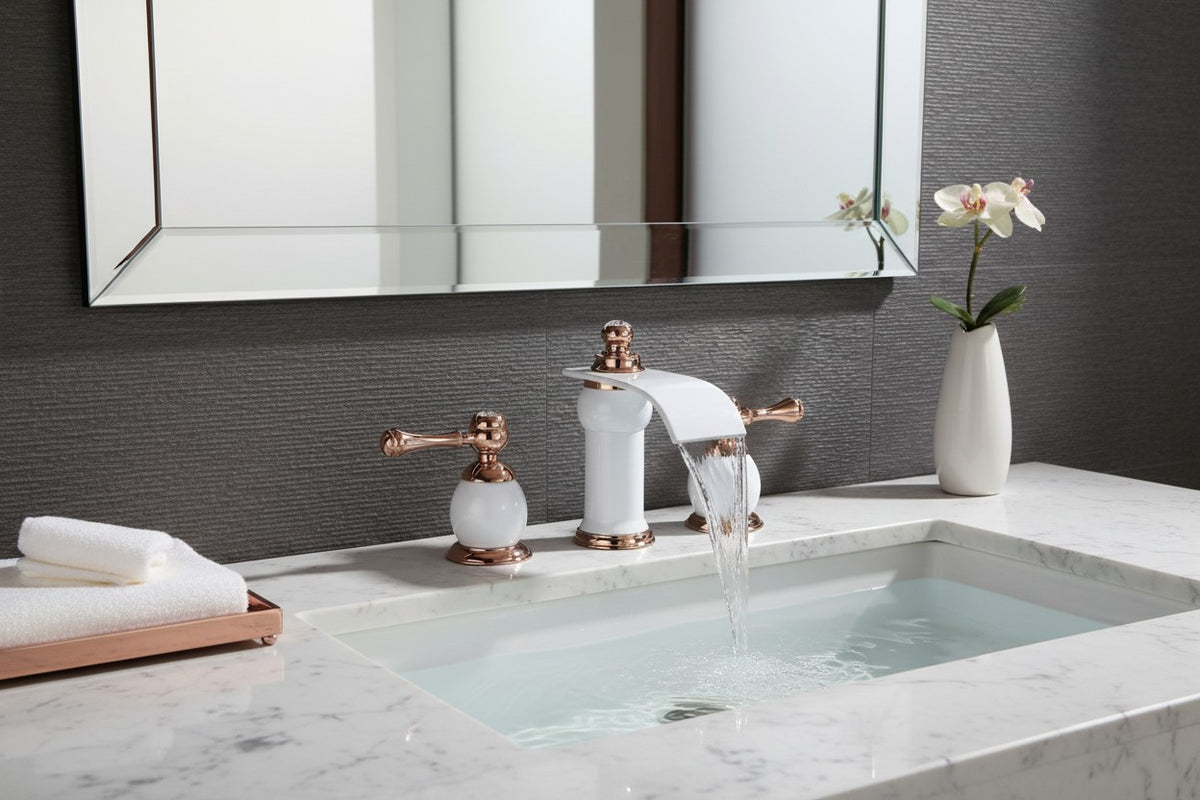Modern Luxury Vanity Faucet (8" Centers)-Angelo White & Rose Gold 3-Hole Widespread Bathroom Faucet