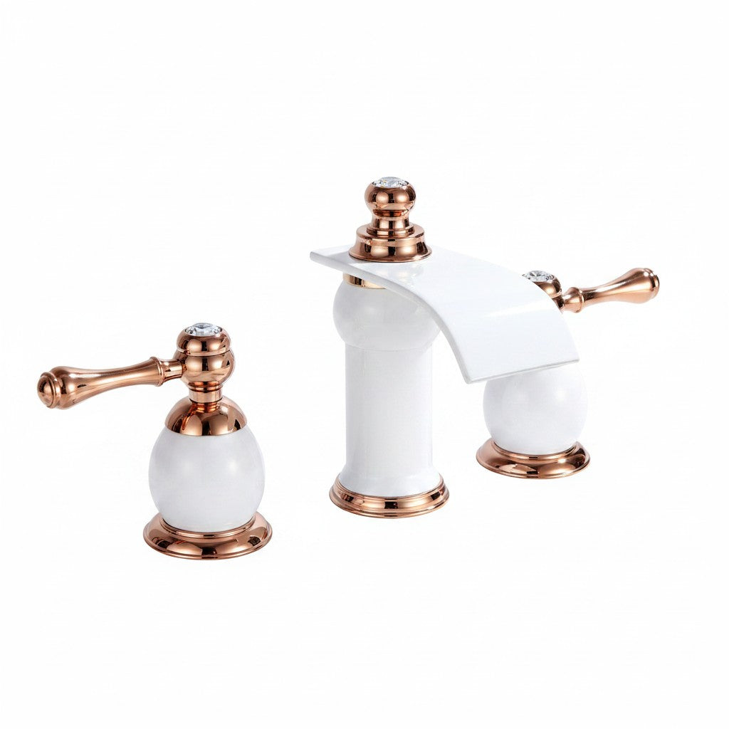 Modern Luxury Vanity Faucet (8" Centers)-Angelo White & Rose Gold 3-Hole Widespread Bathroom Faucet