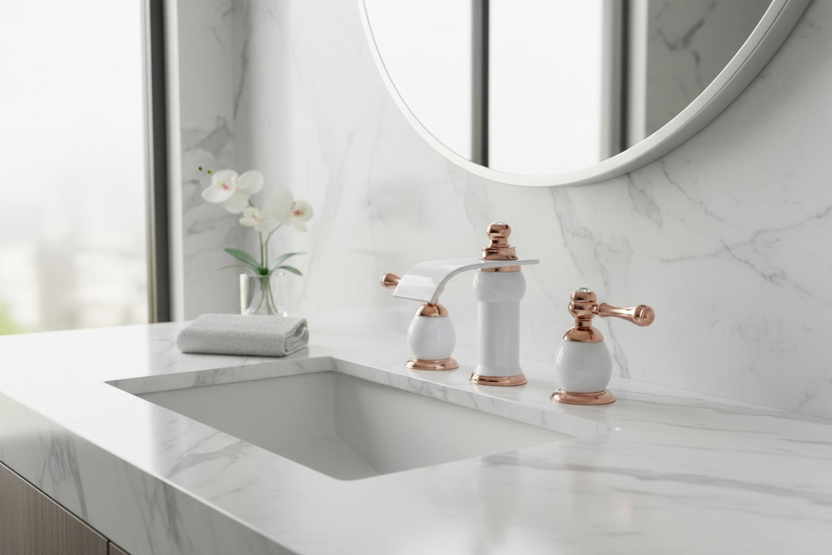 Modern Luxury Vanity Faucet (8" Centers)-Angelo White & Rose Gold 3-Hole Widespread Bathroom Faucet