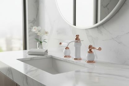 Modern Luxury Vanity Faucet (8" Centers)-Angelo White & Rose Gold 3-Hole Widespread Bathroom Faucet