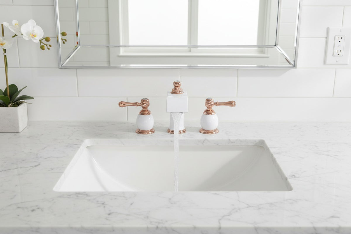 Modern Luxury Vanity Faucet (8" Centers)-Angelo White & Rose Gold 3-Hole Widespread Bathroom Faucet