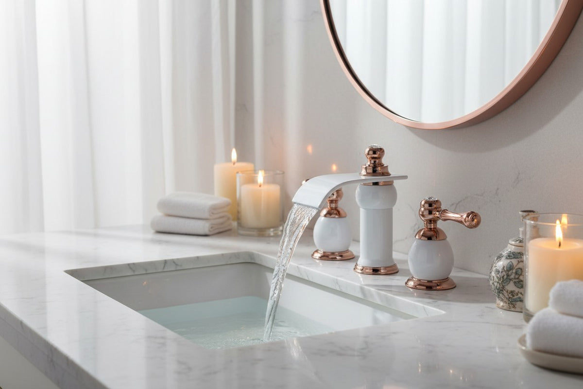 Modern Luxury Vanity Faucet (8" Centers)-Angelo White & Rose Gold 3-Hole Widespread Bathroom Faucet