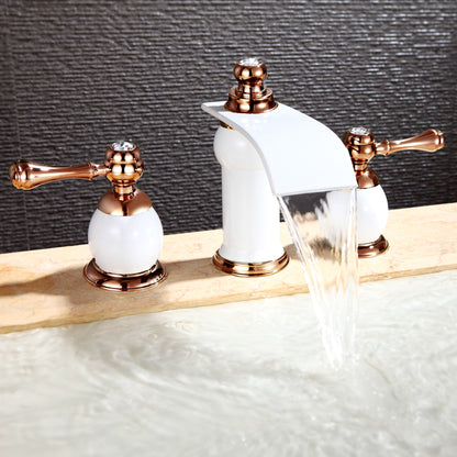 Modern Luxury Vanity Faucet (8" Centers)-Angelo White & Rose Gold 3-Hole Widespread Bathroom Faucet
