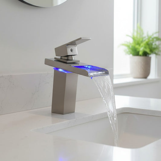 LED Bathroom Faucet Brushed Nickel – Color Changing Waterfall Single Hole Sink Faucet